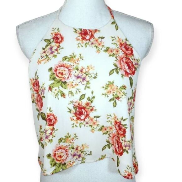 OBOE CREAM & PINK FLORAL HALTER TOP SZ.M EUC. - Picture 1 of 5